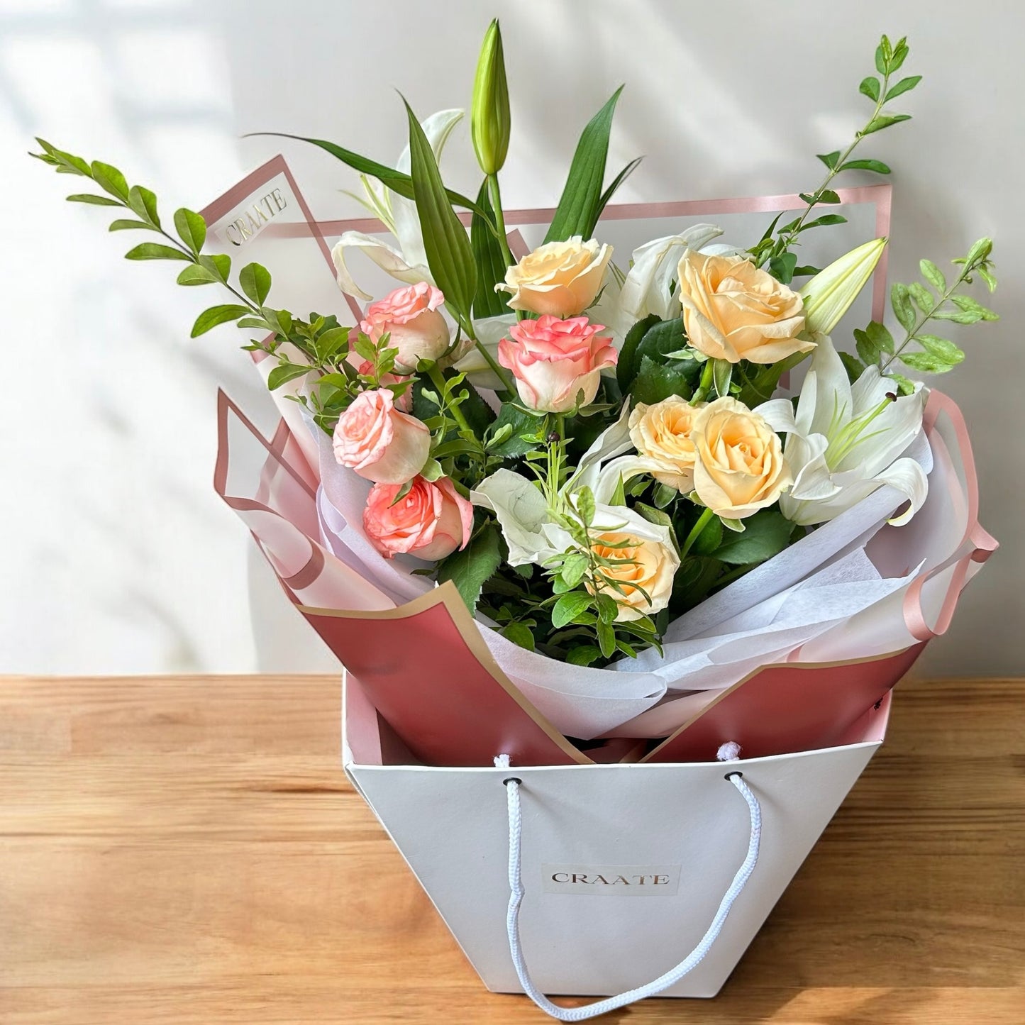 Bouquet in White Flower Bag